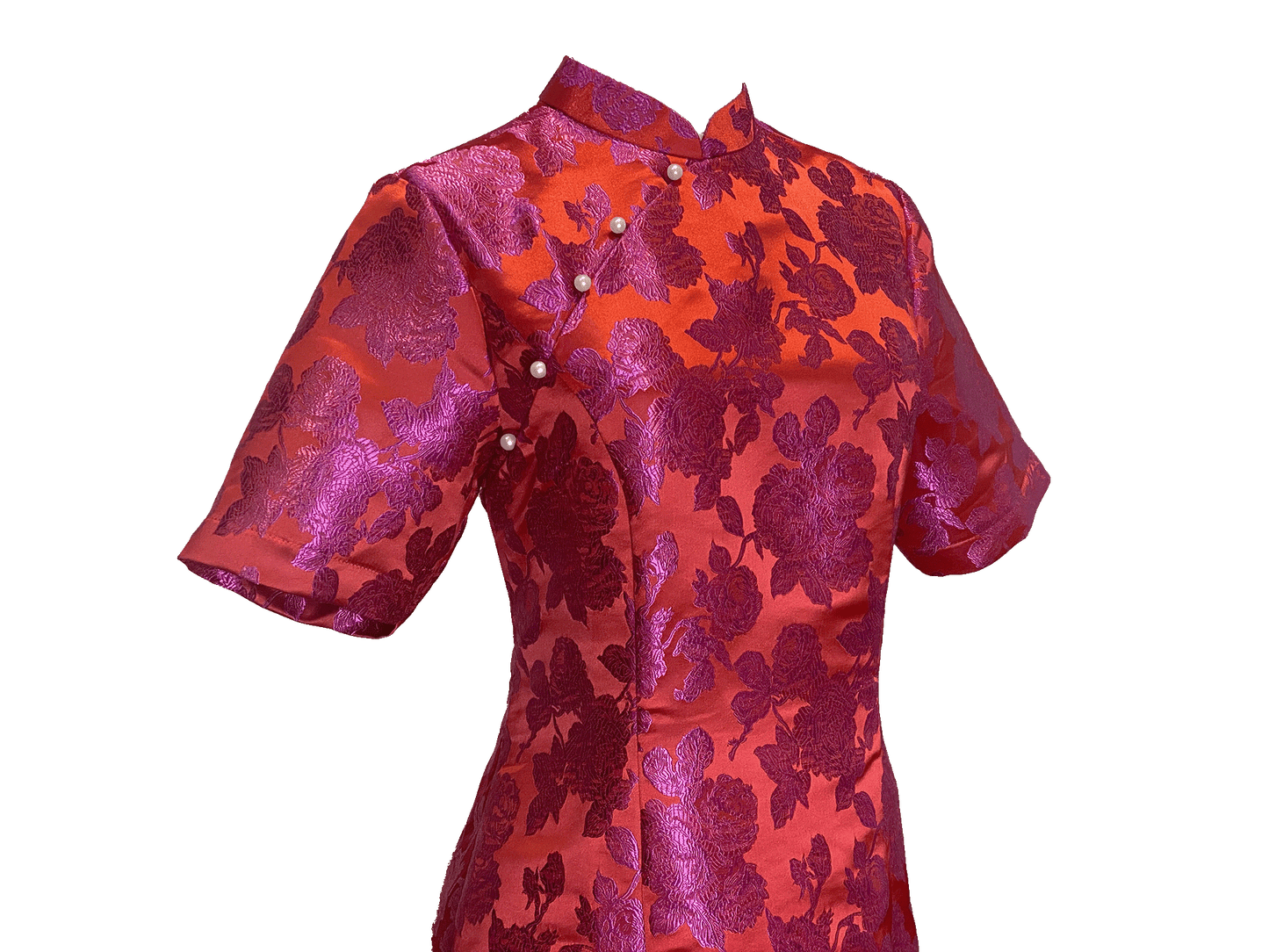 Vermillion Jacquard Cheongsam with Purple Floral Embroidery