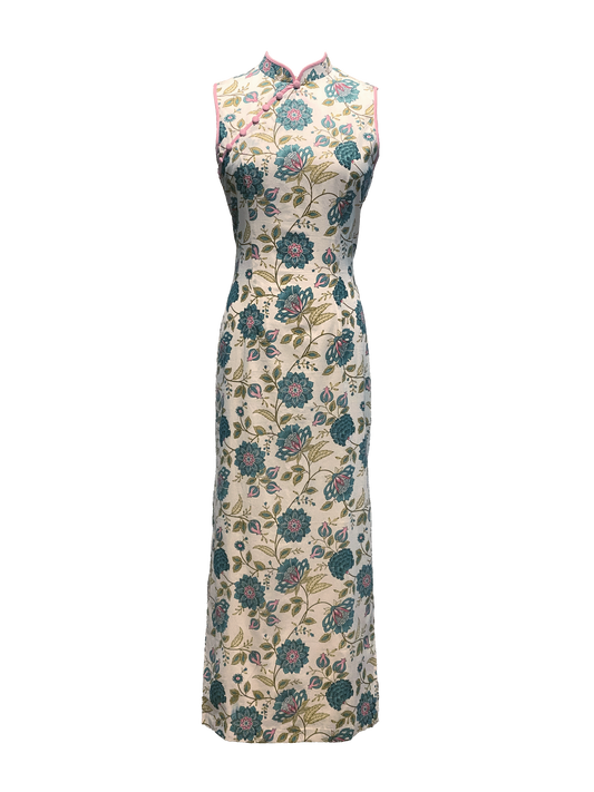 White Batik Cheongsam with Pink Piping