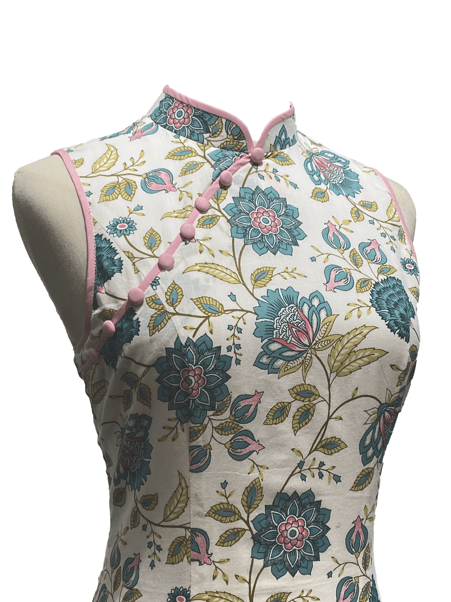 White Batik Cheongsam with Pink Piping