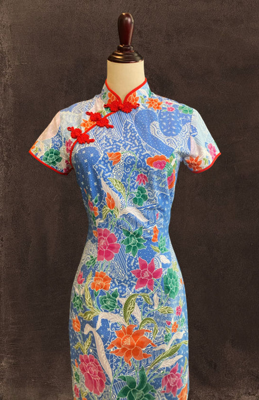 Batik Cheongsam With Red Traditional Chinese Knot