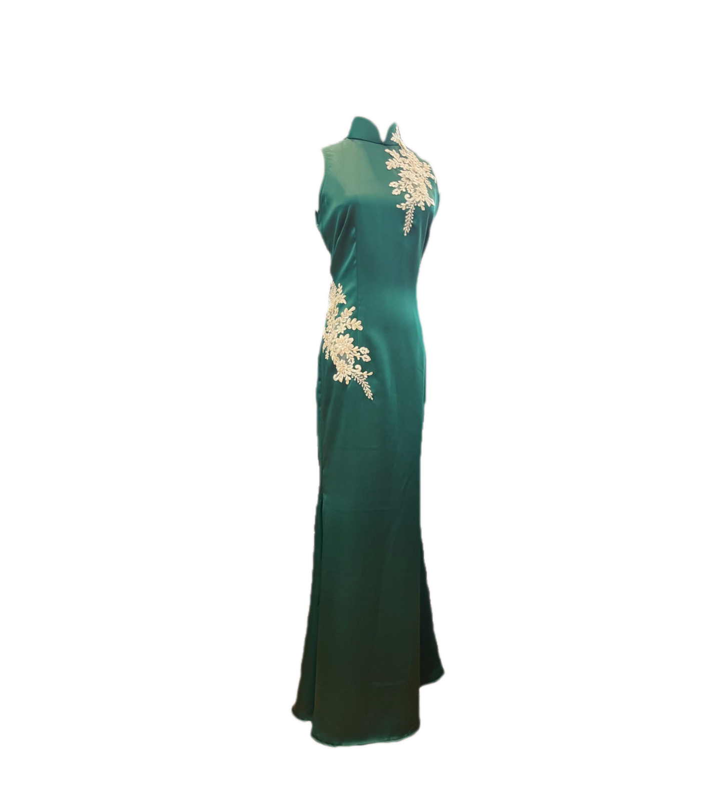 Emerald green satin gowns with appliques