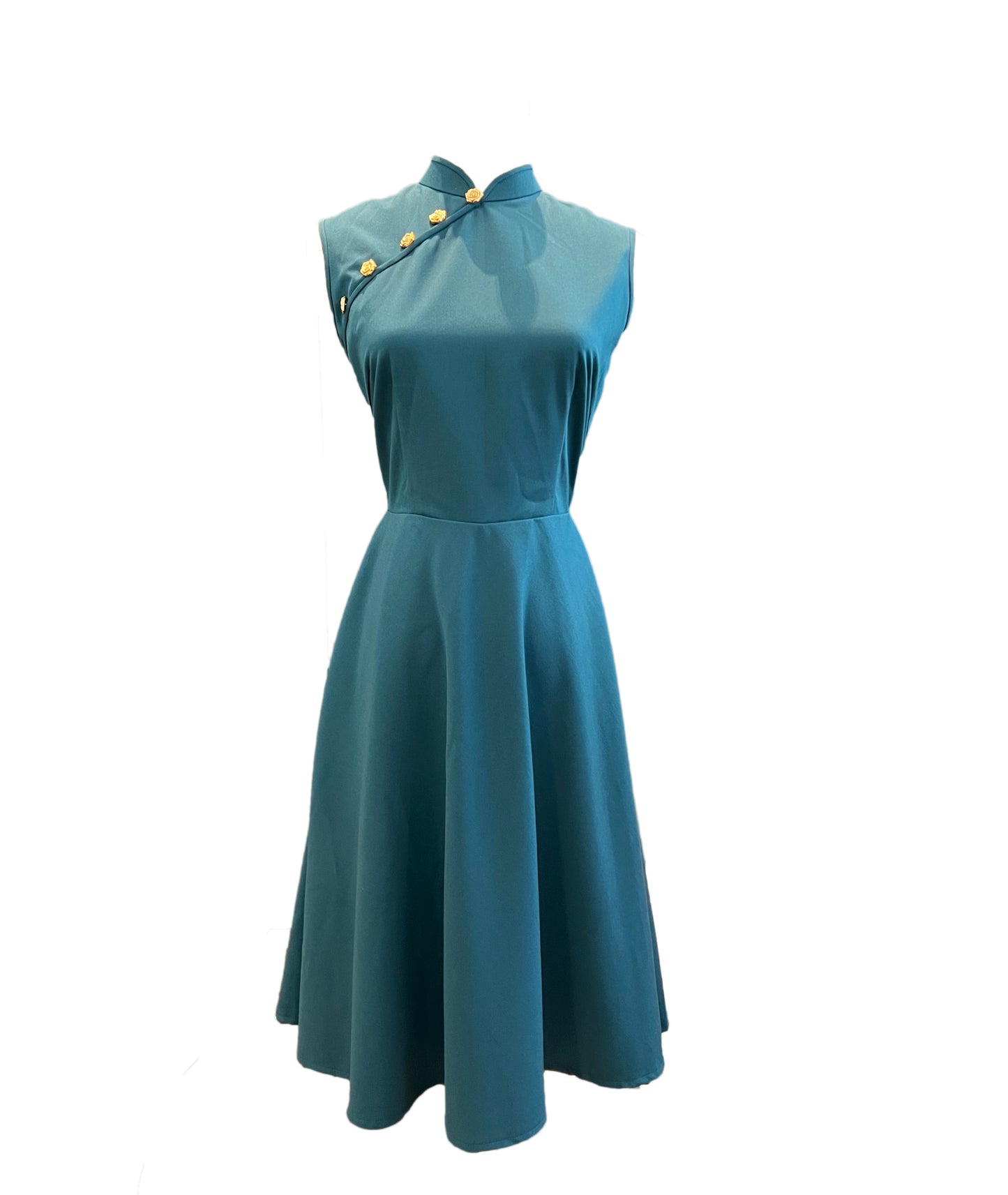 Blue Flare Cut Cheongsam with Camellia Buttons