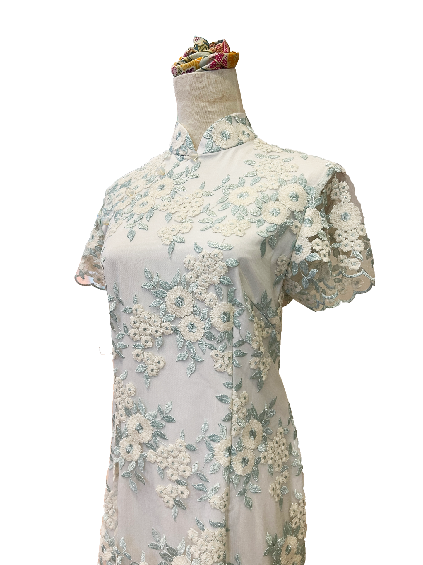 White Floral Lace Overlay Cheongsam