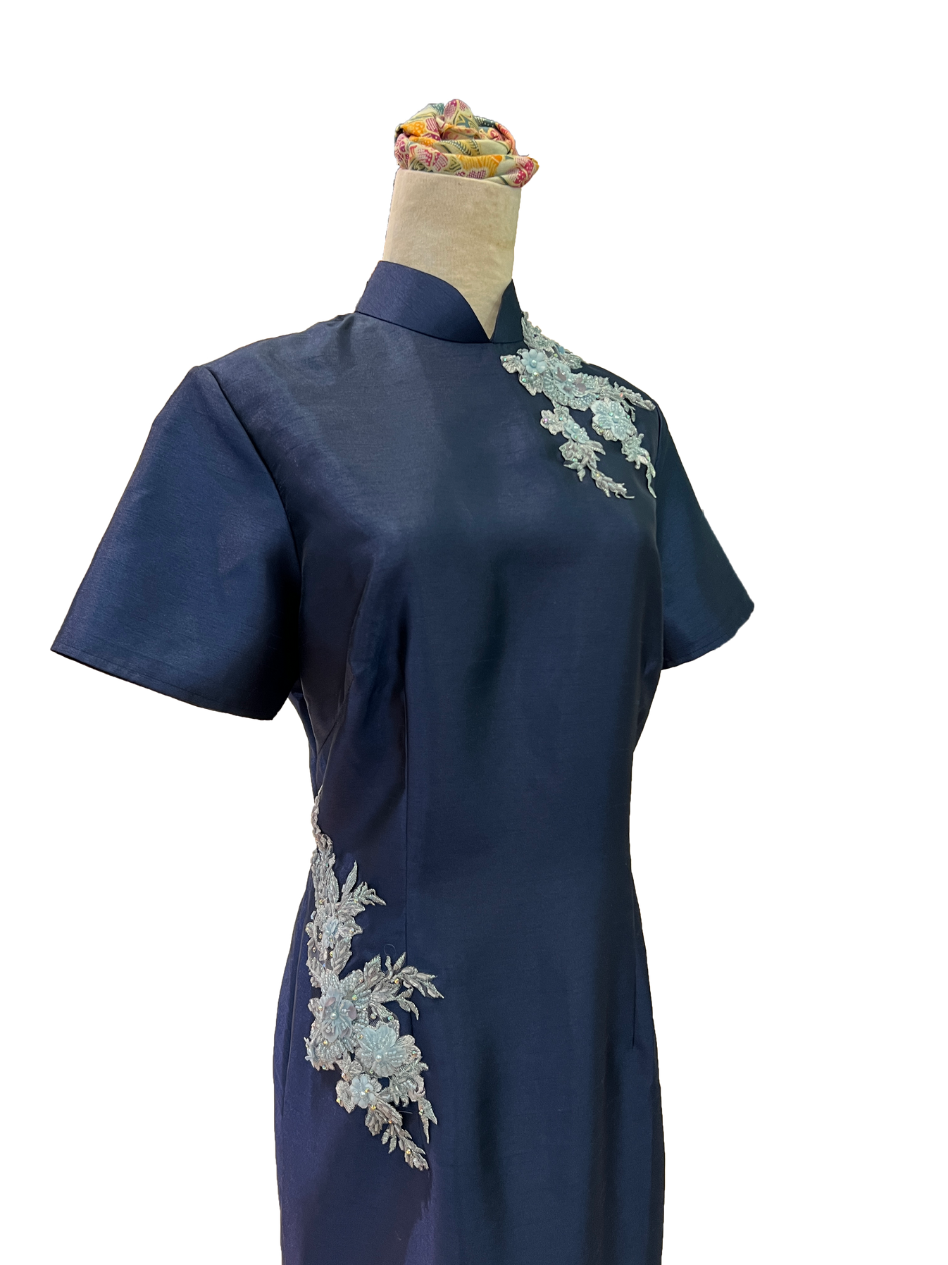 Electric Blue Thai Silk Cheongsam With Applique Outpost Clothing 