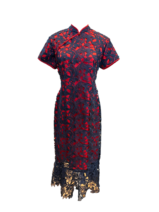 Navy Lace with Red Satin Base Cheongsam
