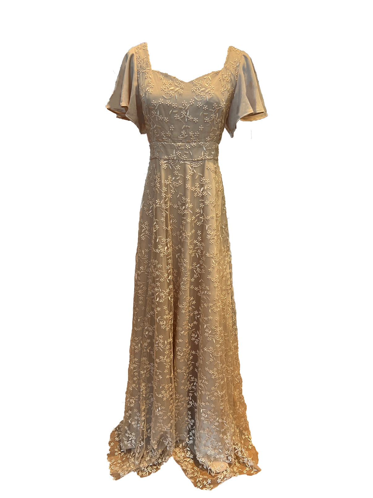 Long Champagne Dress With Lace Overlay Outpost Clothing 