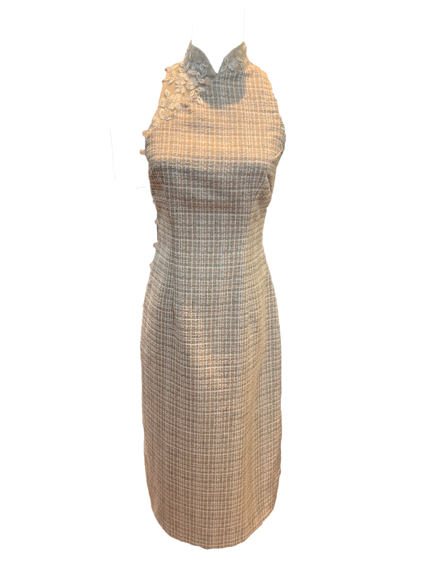 Tweed Cheongsam with Applique Side Panel